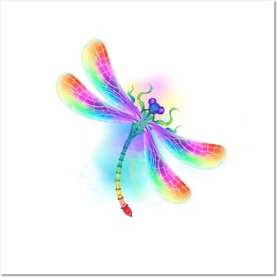 Rainbow dragonfly on watercolor background Posters and Art